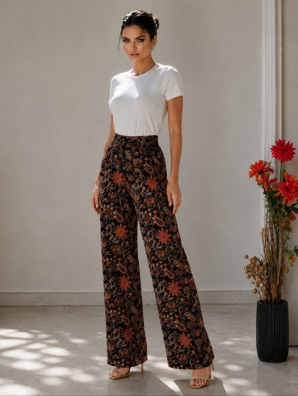 Lisette | Montreal Designer Boho Paisley Straight-Leg Pull-On Pants 16 W